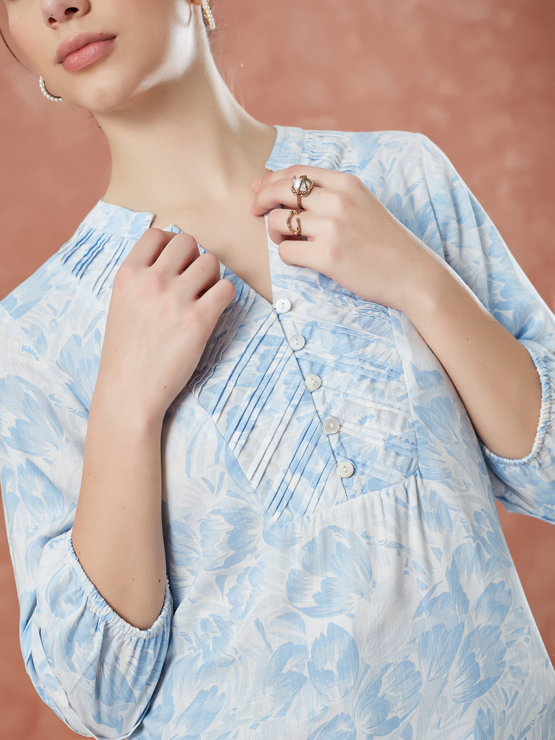 Latin Quarters Women's Blue 3/4Th Sleeves Printed V-Neck Casual Tunic