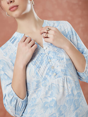Latin Quarters Women's Blue 3/4Th Sleeves Printed V-Neck Casual Tunic