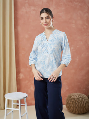Latin Quarters Women's Blue 3/4Th Sleeves Printed V-Neck Casual Tunic