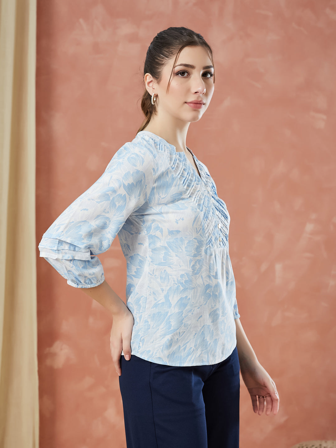 Latin Quarters Women's Blue 3/4Th Sleeves Printed V-Neck Casual Tunic