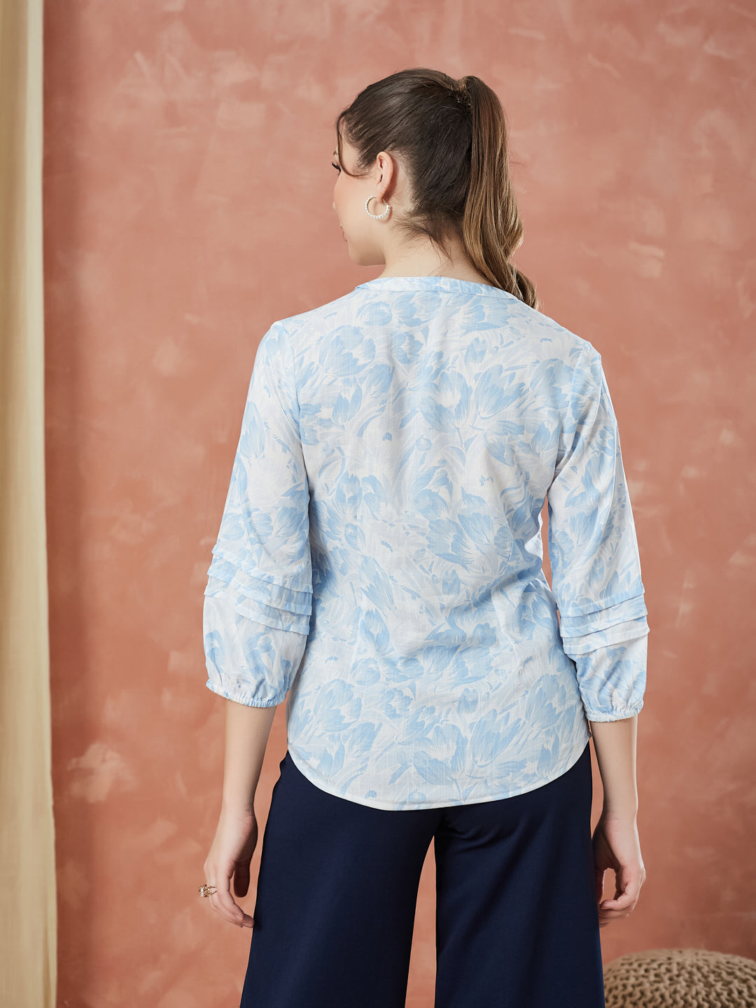 Latin Quarters Women's Blue 3/4Th Sleeves Printed V-Neck Casual Tunic