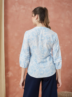 Latin Quarters Women's Blue 3/4Th Sleeves Printed V-Neck Casual Tunic