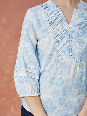 Latin Quarters Women's Blue 3/4Th Sleeves Printed V-Neck Casual Tunic