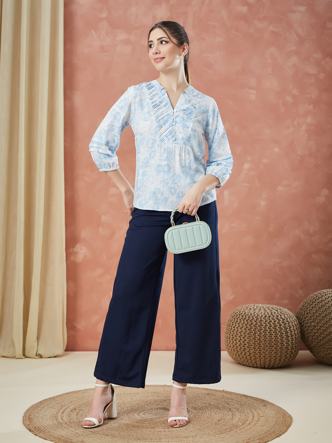 Latin Quarters Women's Blue 3/4Th Sleeves Printed V-Neck Casual Tunic