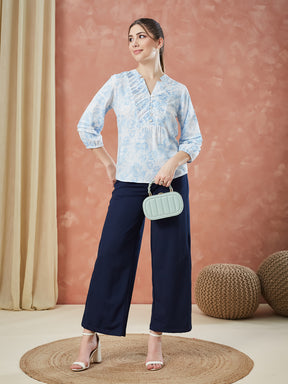 Latin Quarters Women's Blue 3/4Th Sleeves Printed V-Neck Casual Tunic