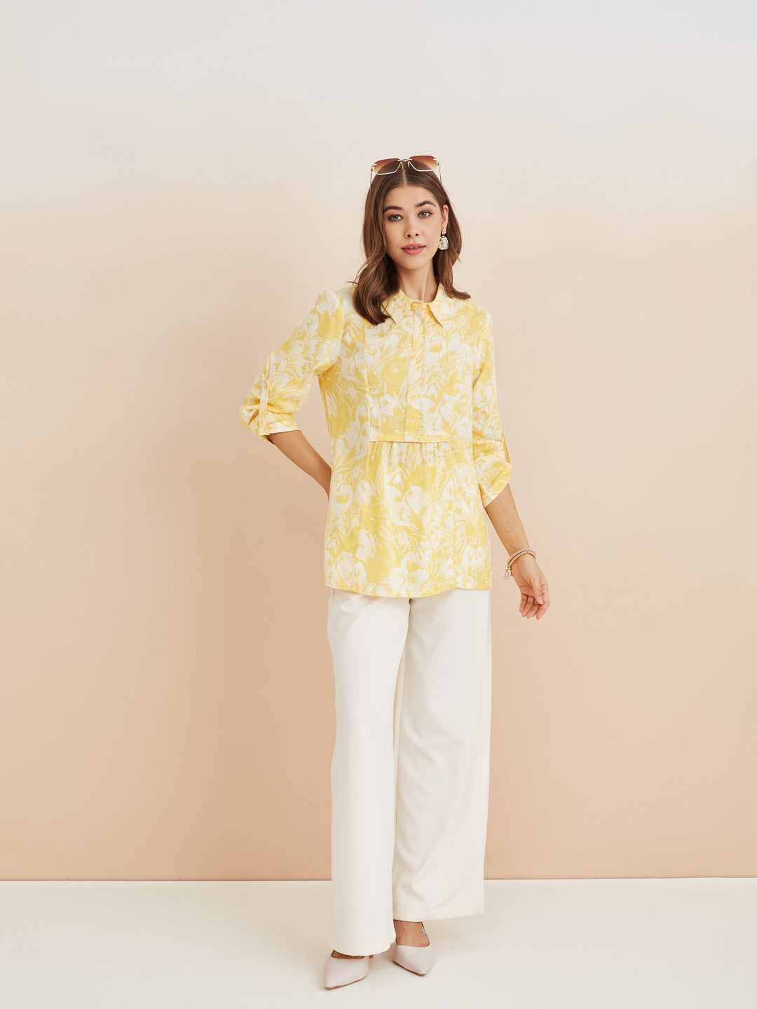 Latin Quarters Women'S Yellow Collar Neck 3/4Th Sleeves Printed Casual Tunic