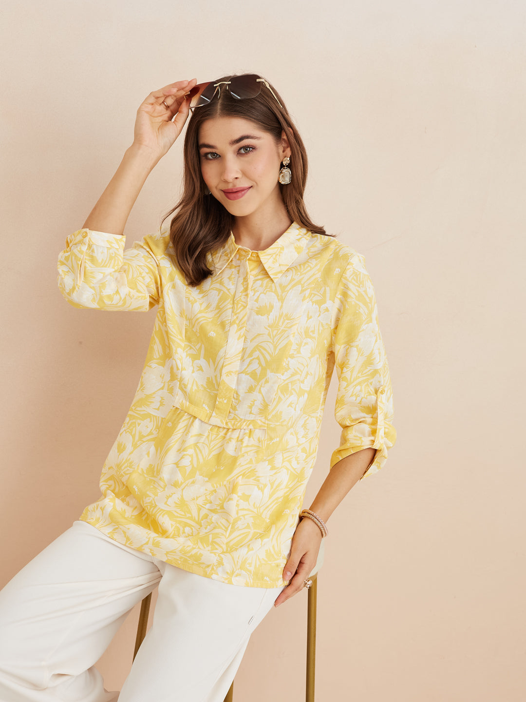 Latin Quarters Women'S Yellow Collar Neck 3/4Th Sleeves Printed Casual Tunic