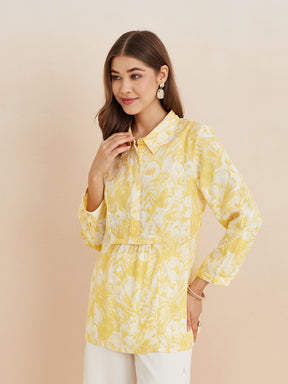 Latin Quarters Women'S Yellow Collar Neck 3/4Th Sleeves Printed Casual Tunic