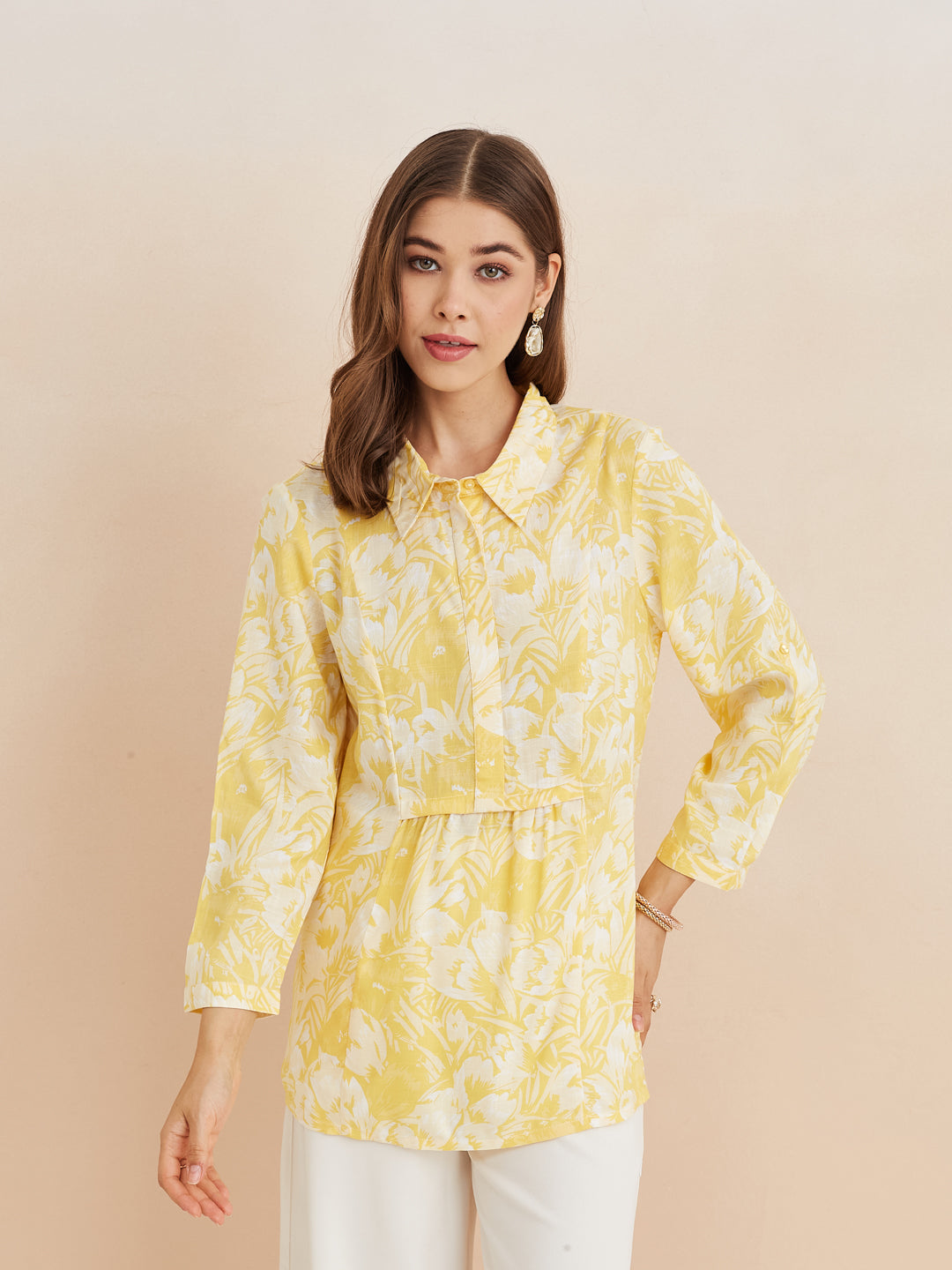 Latin Quarters Women'S Yellow Collar Neck 3/4Th Sleeves Printed Casual Tunic