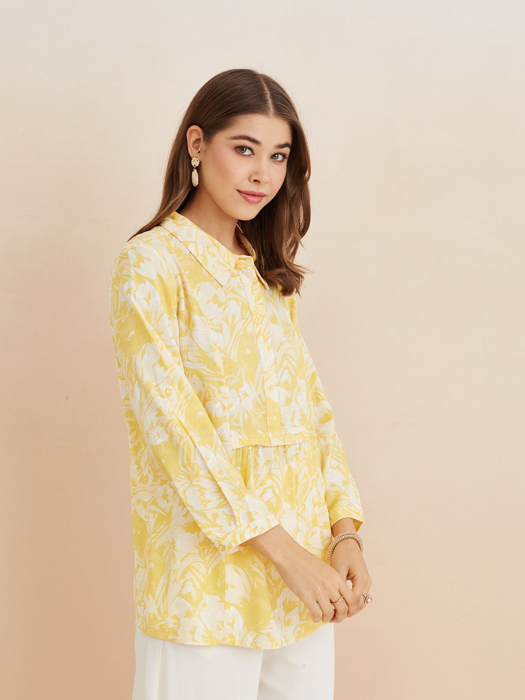 Latin Quarters Women'S Yellow Collar Neck 3/4Th Sleeves Printed Casual Tunic