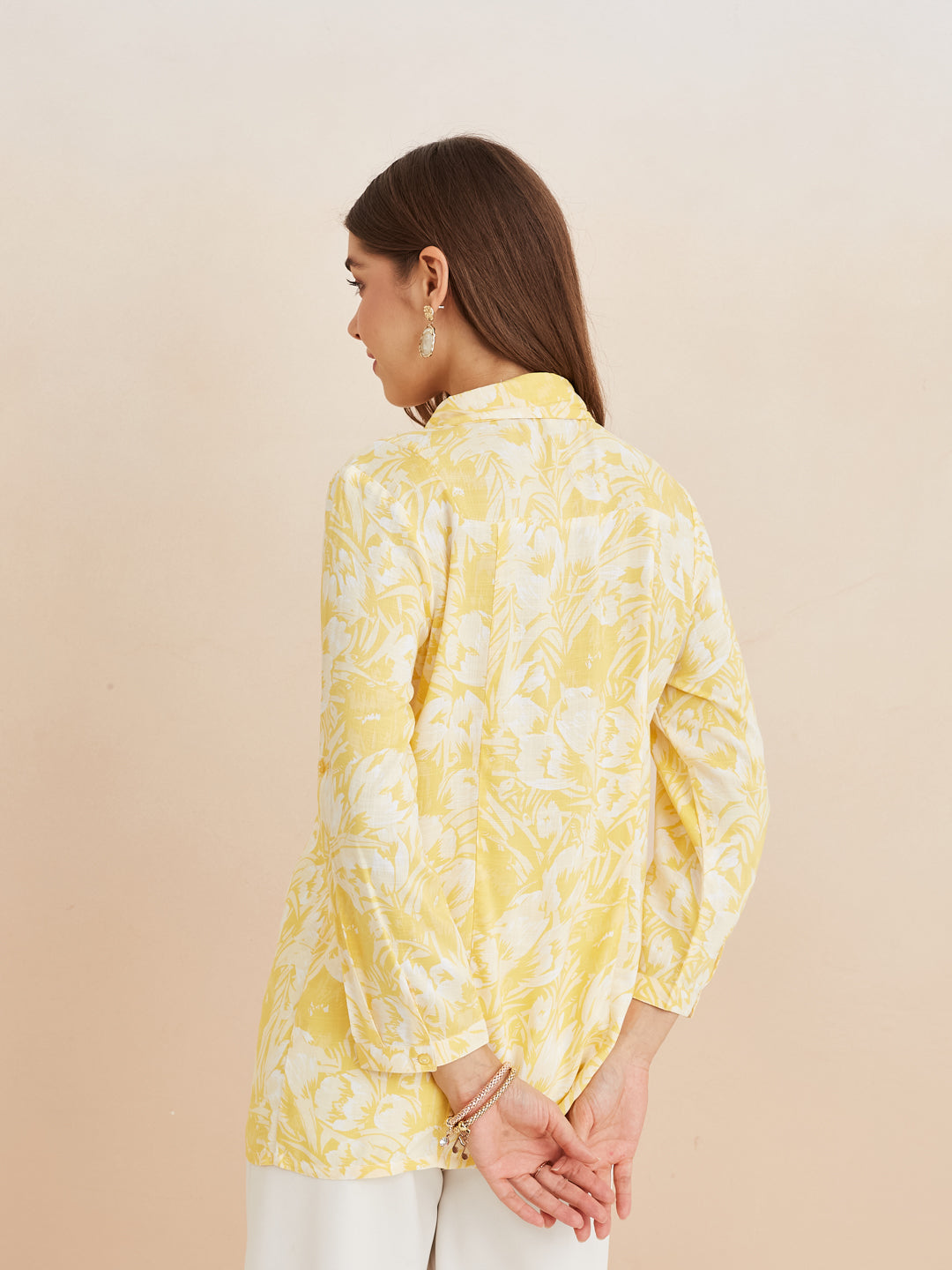 Latin Quarters Women'S Yellow Collar Neck 3/4Th Sleeves Printed Casual Tunic