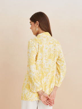 Latin Quarters Women'S Yellow Collar Neck 3/4Th Sleeves Printed Casual Tunic