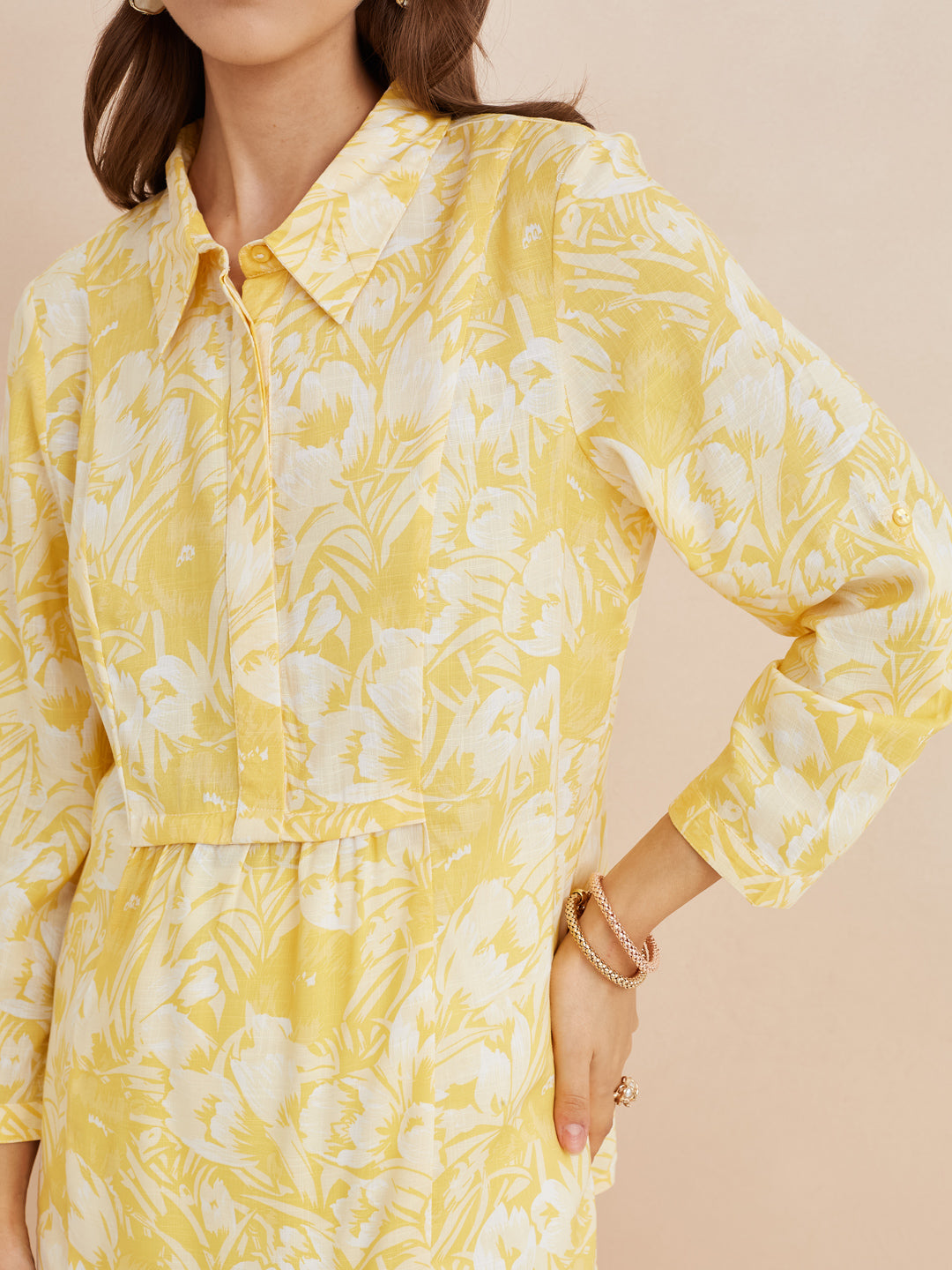Latin Quarters Women'S Yellow Collar Neck 3/4Th Sleeves Printed Casual Tunic