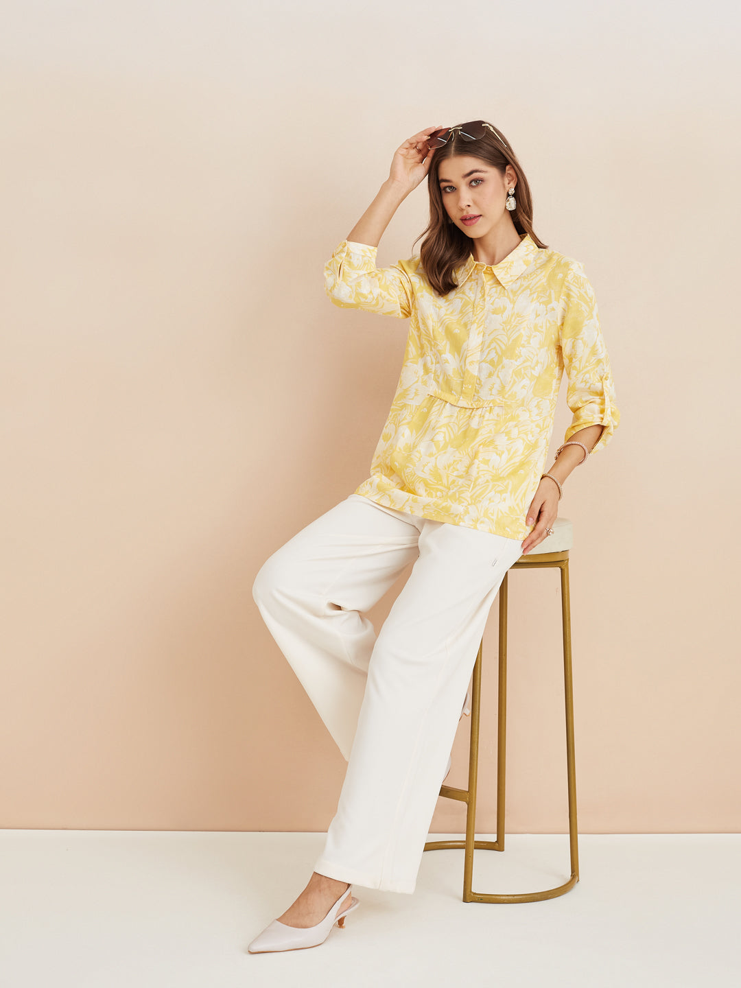 Latin Quarters Women'S Yellow Collar Neck 3/4Th Sleeves Printed Casual Tunic