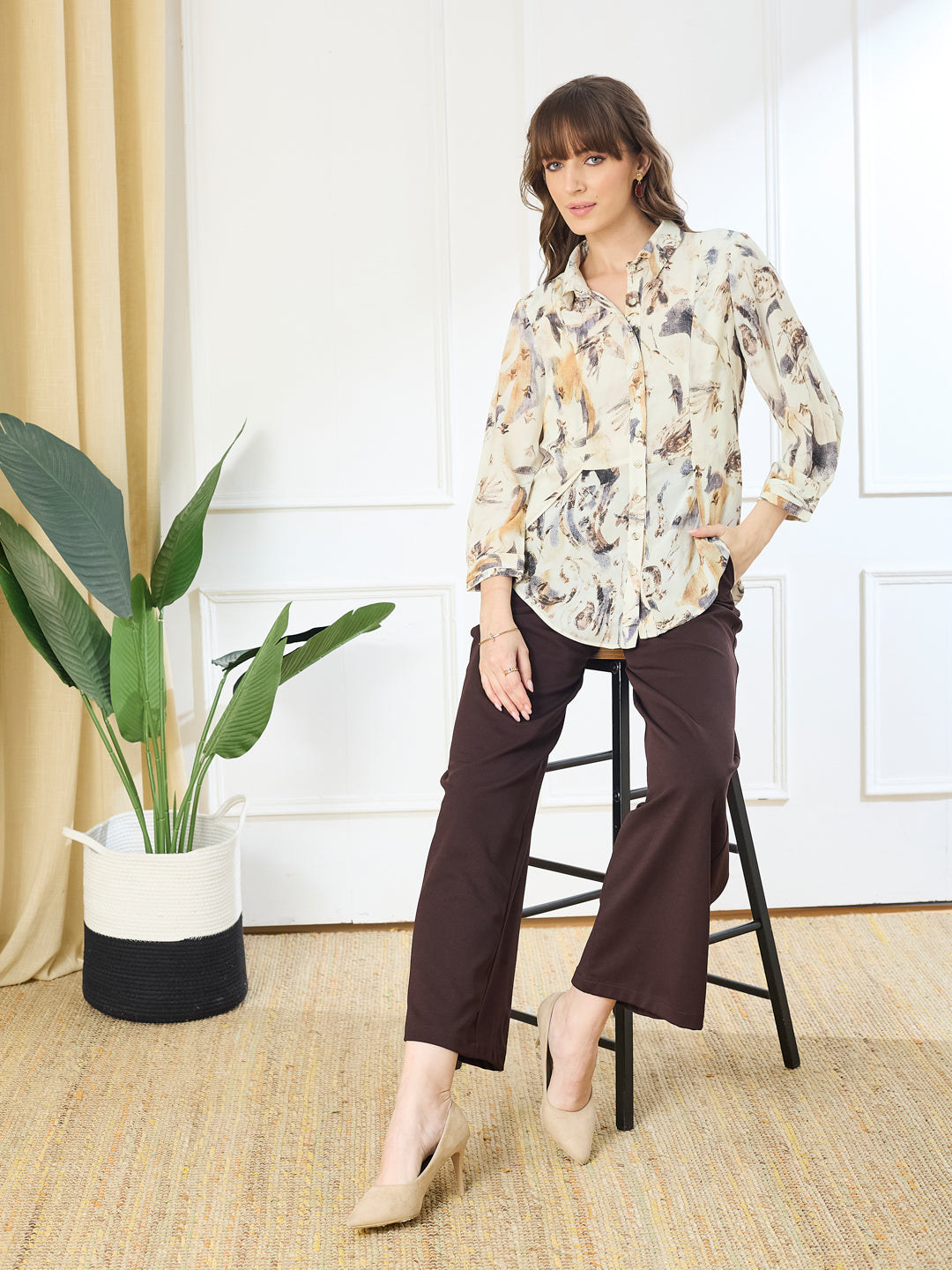 Latin Quarters Women's Ivory 3/4th Sleeves Collar Neck Casual Printed Shirt