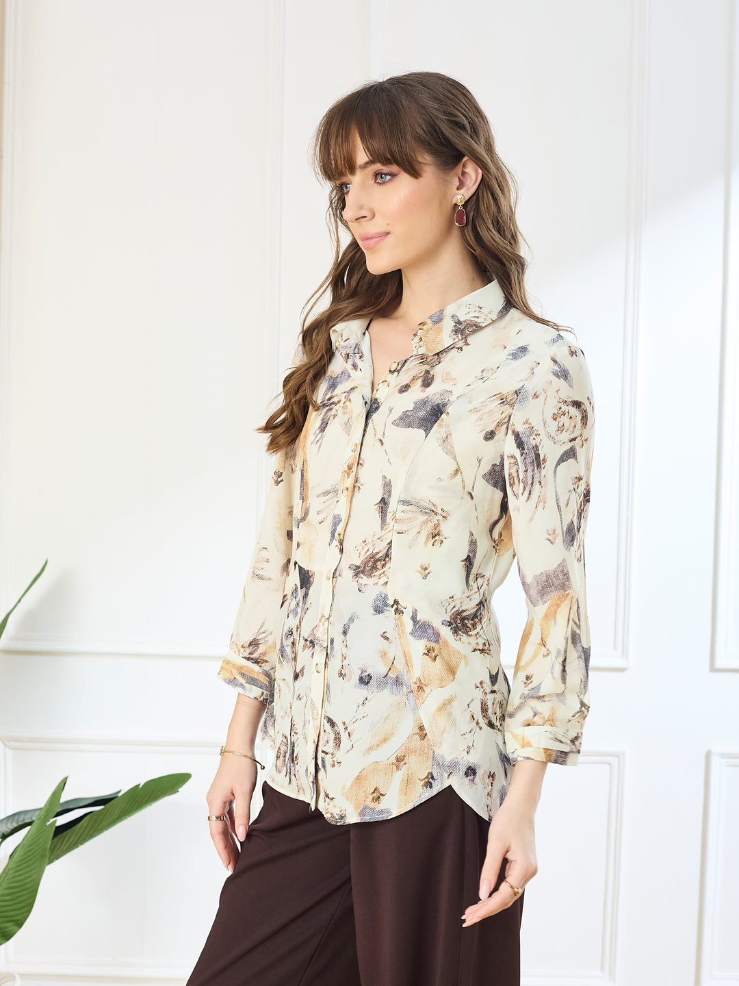 Latin Quarters Women's Ivory 3/4th Sleeves Collar Neck Casual Printed Shirt