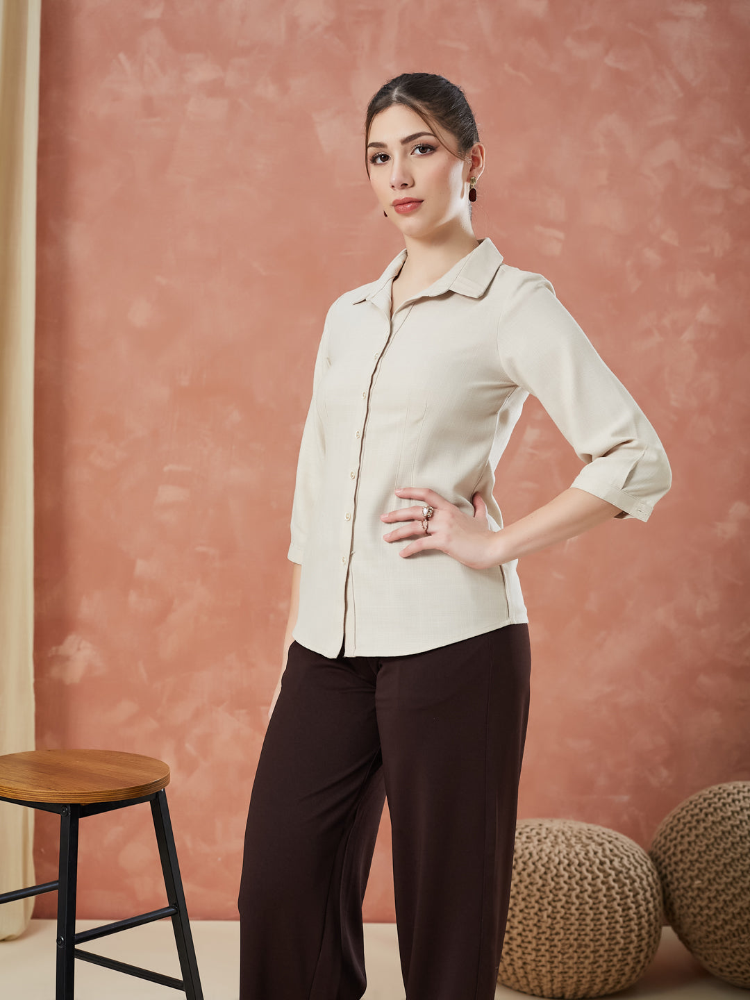 Latin Quarters Women's Beige 3/4Th Sleeves Solid Collar Neck Formal Shirt