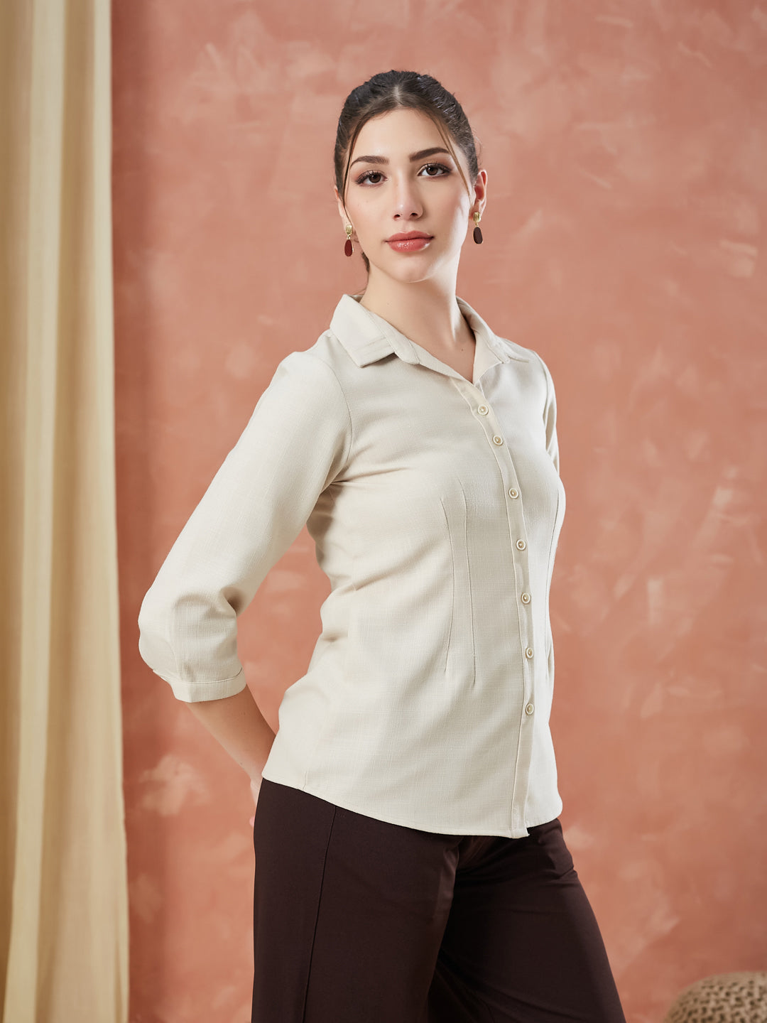 Latin Quarters Women's Beige 3/4Th Sleeves Solid Collar Neck Formal Shirt
