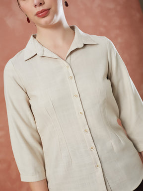 Latin Quarters Women's Beige 3/4Th Sleeves Solid Collar Neck Formal Shirt