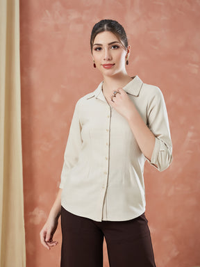 Latin Quarters Women's Beige 3/4Th Sleeves Solid Collar Neck Formal Shirt