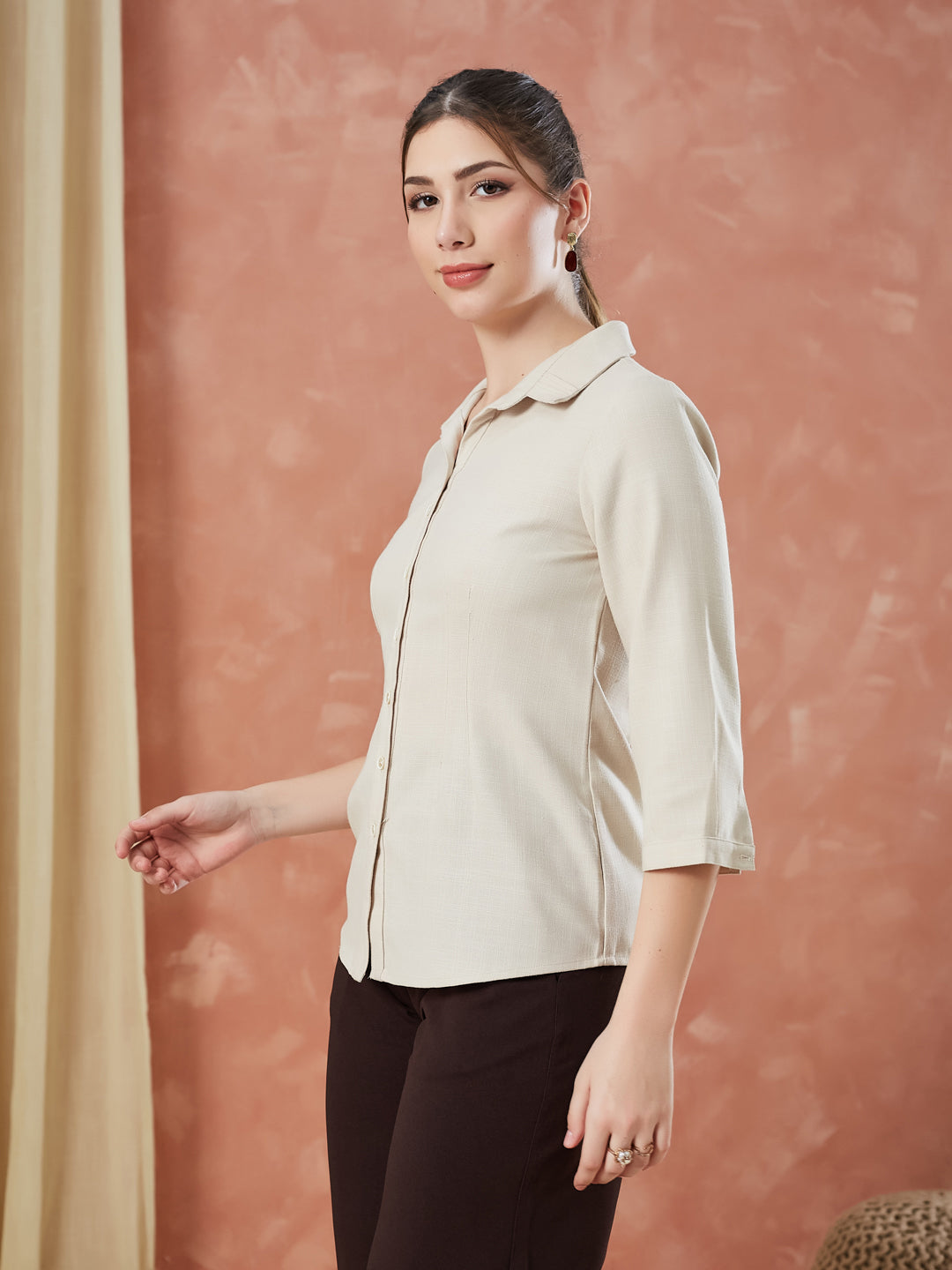 Latin Quarters Women's Beige 3/4Th Sleeves Solid Collar Neck Formal Shirt