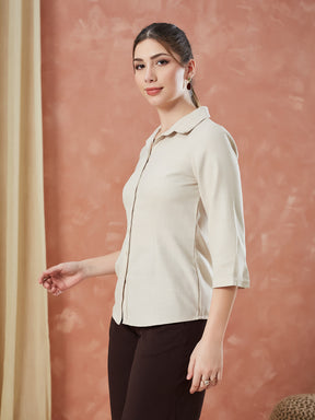 Latin Quarters Women's Beige 3/4Th Sleeves Solid Collar Neck Formal Shirt