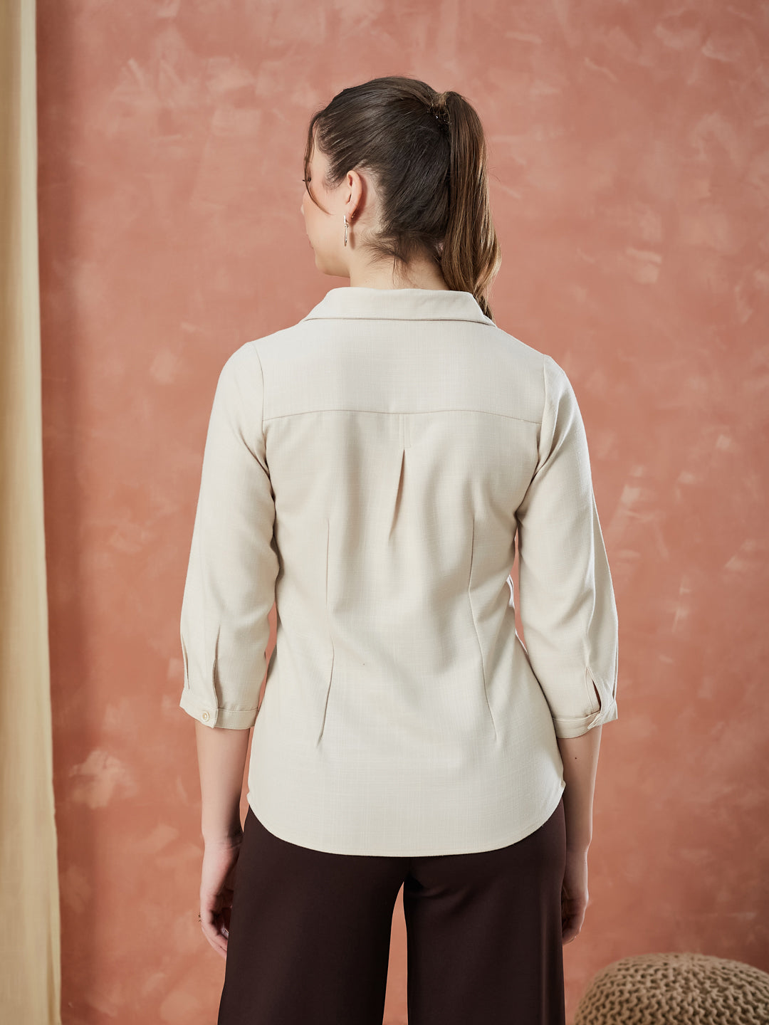 Latin Quarters Women's Beige 3/4Th Sleeves Solid Collar Neck Formal Shirt