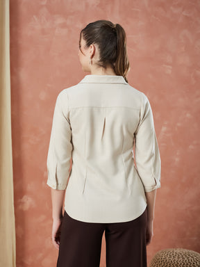 Latin Quarters Women's Beige 3/4Th Sleeves Solid Collar Neck Formal Shirt