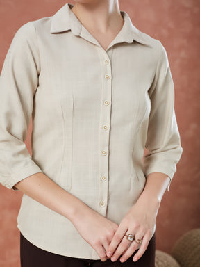 Latin Quarters Women's Beige 3/4Th Sleeves Solid Collar Neck Formal Shirt