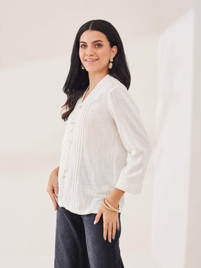 Latin Quarters Women's White Solid 3/4th Sleeve V-Neck Casual Tunic