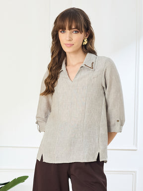 Latin Quarters Women's Beige 3/4th Sleeves Collar Neck Casual Solid Tunic