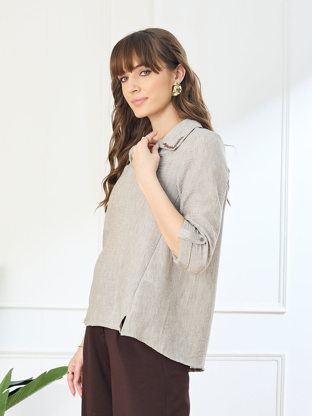 Latin Quarters Women's Beige 3/4th Sleeves Collar Neck Casual Solid Tunic