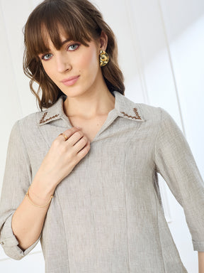 Latin Quarters Women's Beige 3/4th Sleeves Collar Neck Casual Solid Tunic