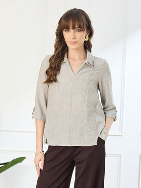 Latin Quarters Women's Beige 3/4th Sleeves Collar Neck Casual Solid Tunic