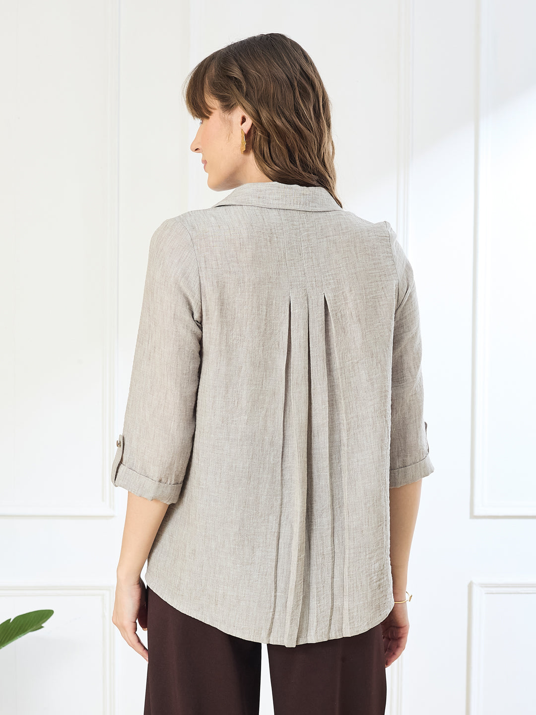 Latin Quarters Women's Beige 3/4th Sleeves Collar Neck Casual Solid Tunic