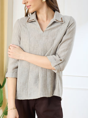 Latin Quarters Women's Beige 3/4th Sleeves Collar Neck Casual Solid Tunic