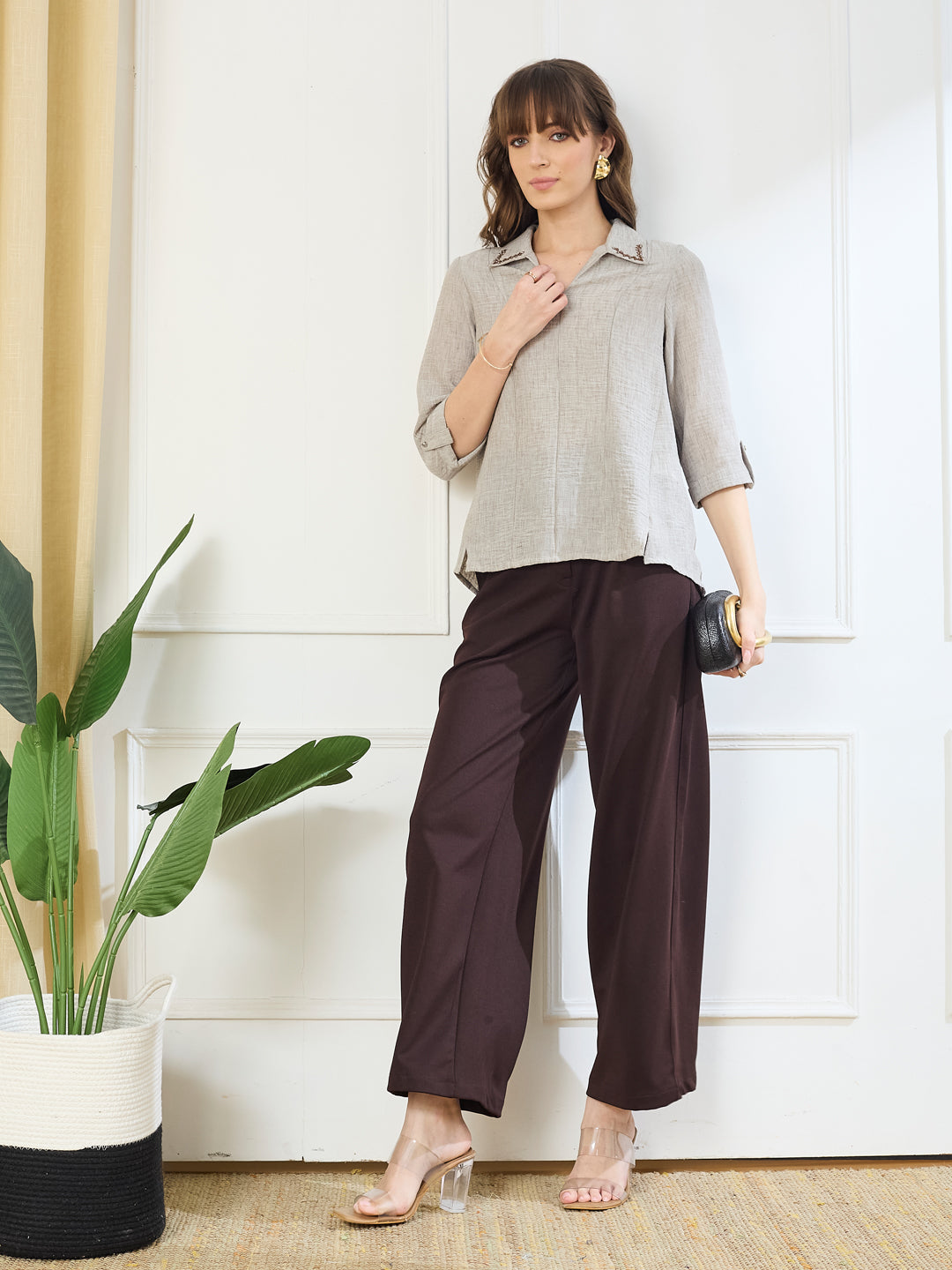 Latin Quarters Women's Beige 3/4th Sleeves Collar Neck Casual Solid Tunic