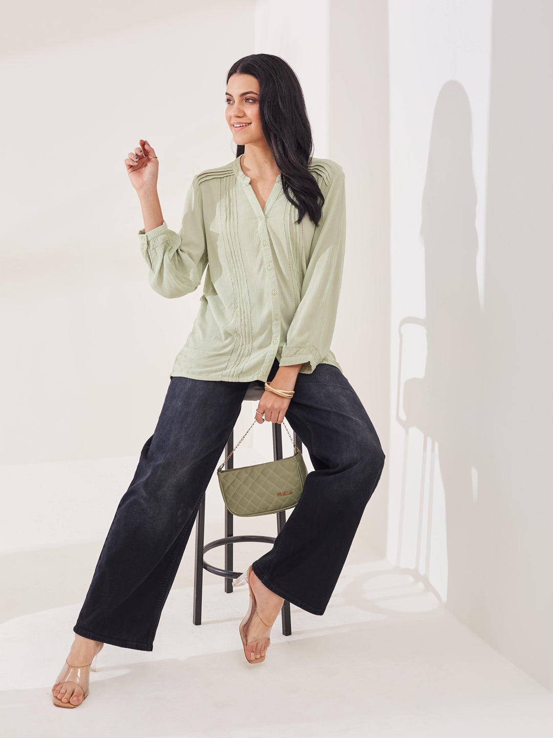 Latin Quarters Women's Green Solid Full Sleeves V-Neck Casual Shirt