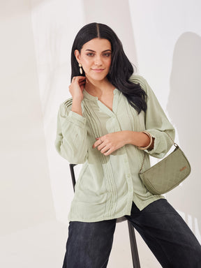 Latin Quarters Women's Green Solid Full Sleeves V-Neck Casual Shirt