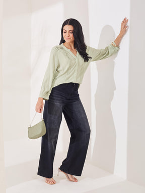 Latin Quarters Women's Green Solid Full Sleeves V-Neck Casual Shirt