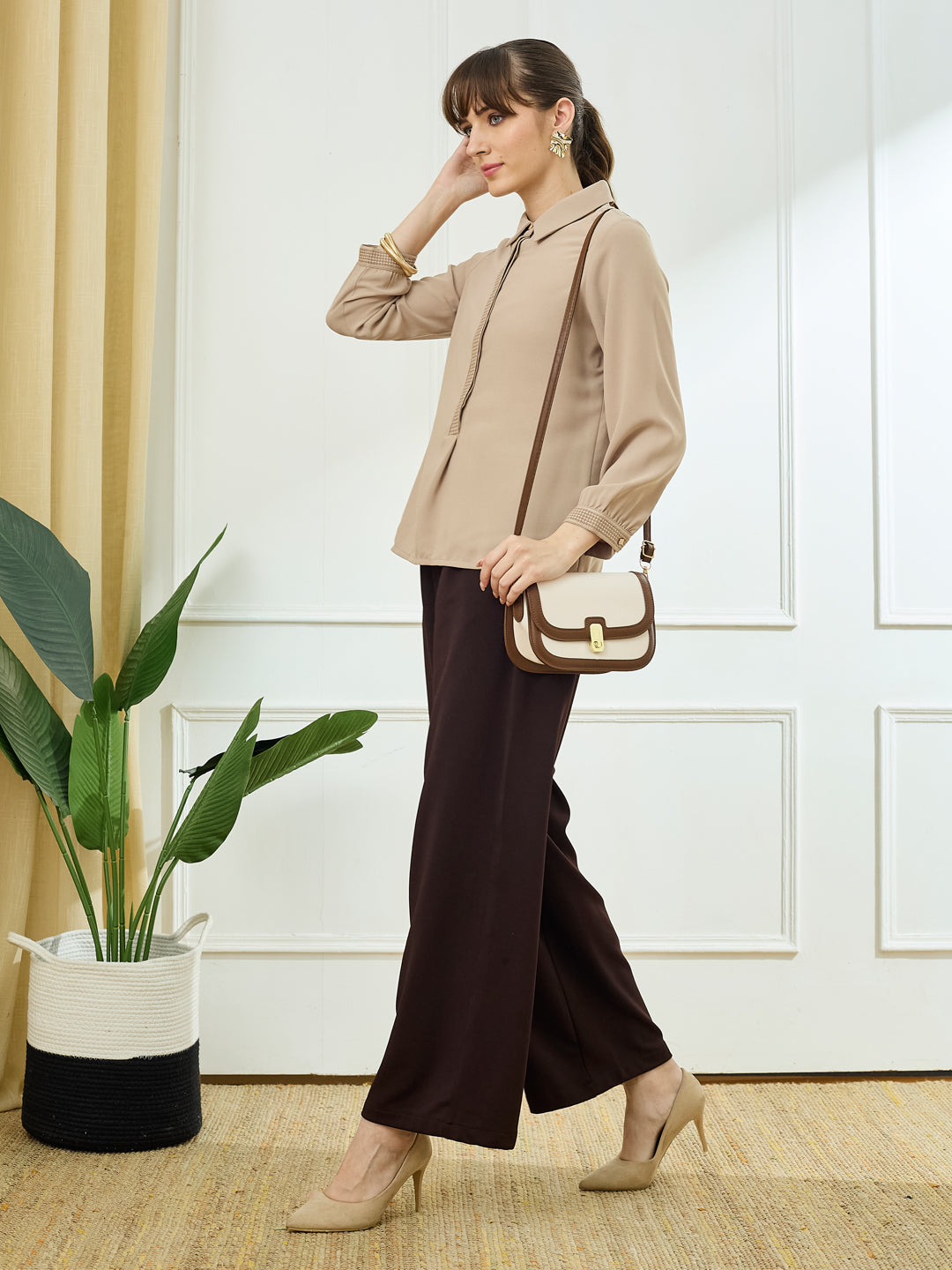 Latin Quarters Women's Beige Full Sleeves Collar Neck Casual Solid Tunic