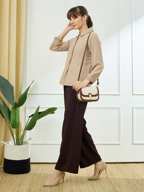 Latin Quarters Women's Beige Full Sleeves Collar Neck Casual Solid Tunic