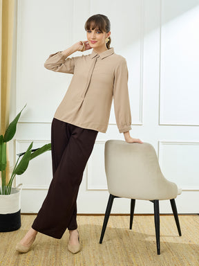 Latin Quarters Women's Beige Full Sleeves Collar Neck Casual Solid Tunic