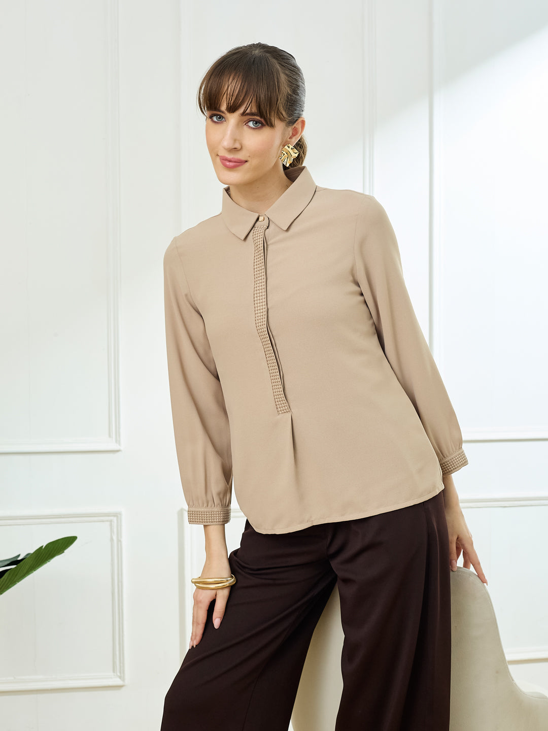 Latin Quarters Women's Beige Full Sleeves Collar Neck Casual Solid Tunic