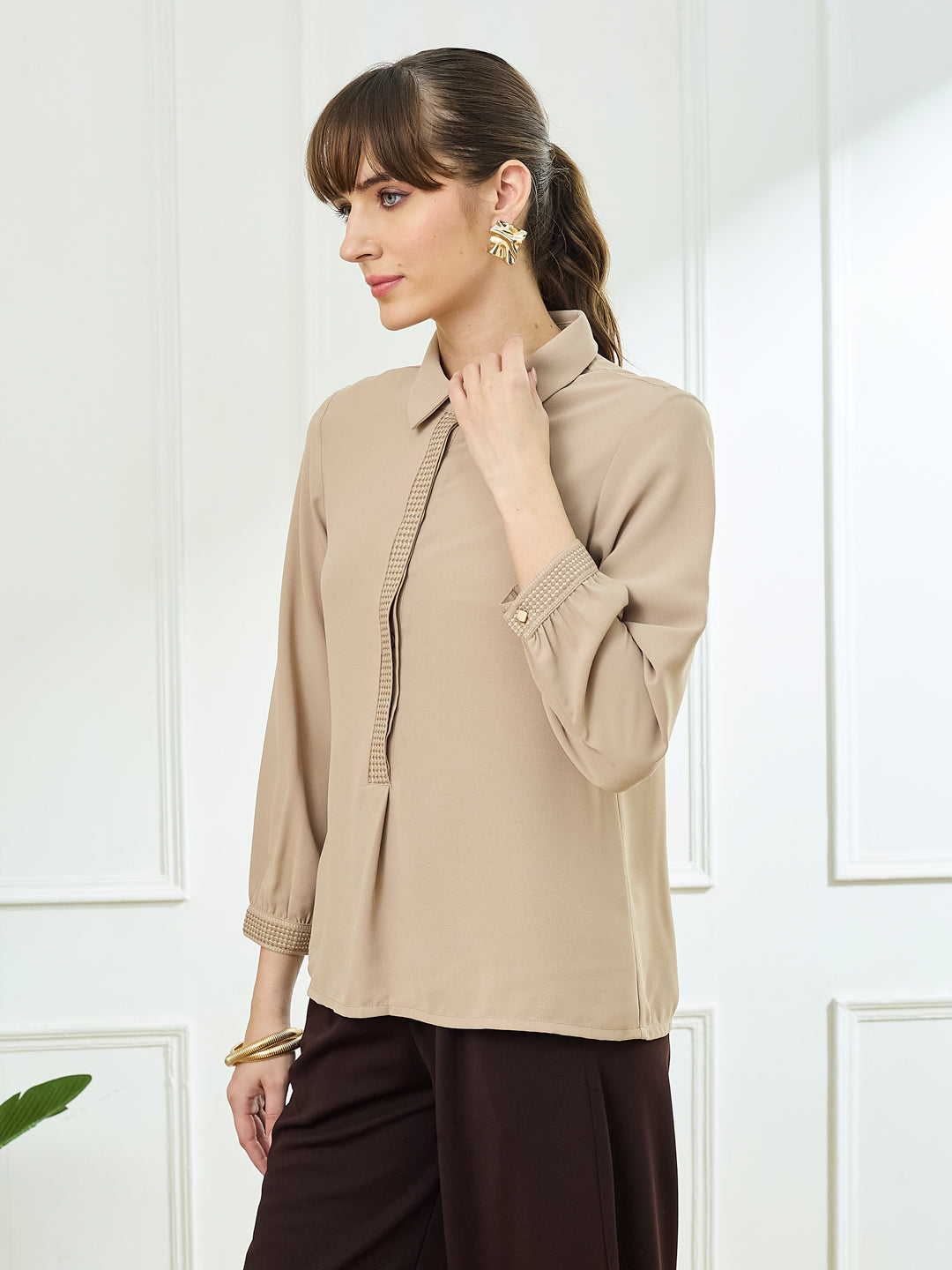 Latin Quarters Women's Beige Full Sleeves Collar Neck Casual Solid Tunic
