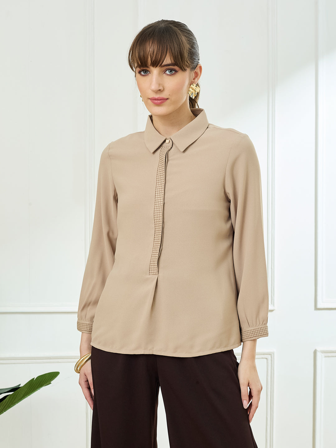 Latin Quarters Women's Beige Full Sleeves Collar Neck Casual Solid Tunic
