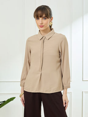 Latin Quarters Women's Beige Full Sleeves Collar Neck Casual Solid Tunic