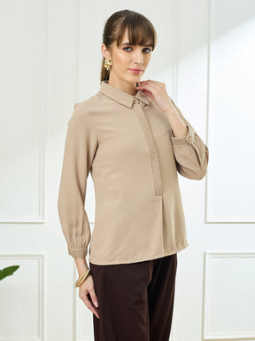 Latin Quarters Women's Beige Full Sleeves Collar Neck Casual Solid Tunic