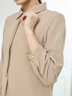 Latin Quarters Women's Beige Full Sleeves Collar Neck Casual Solid Tunic