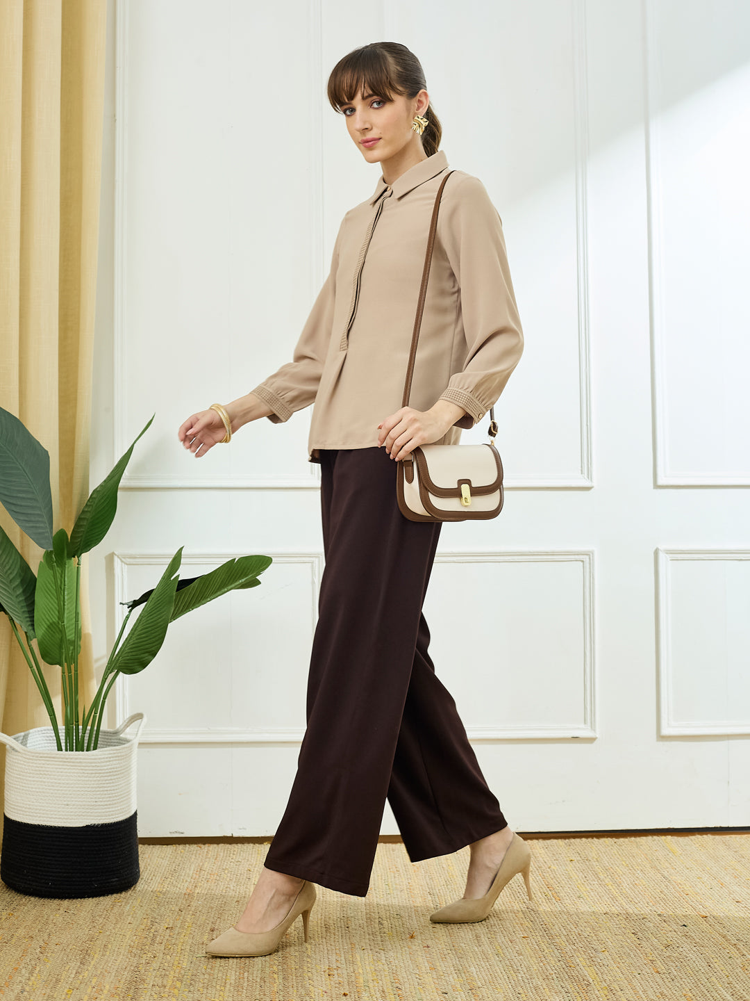 Latin Quarters Women's Beige Full Sleeves Collar Neck Casual Solid Tunic